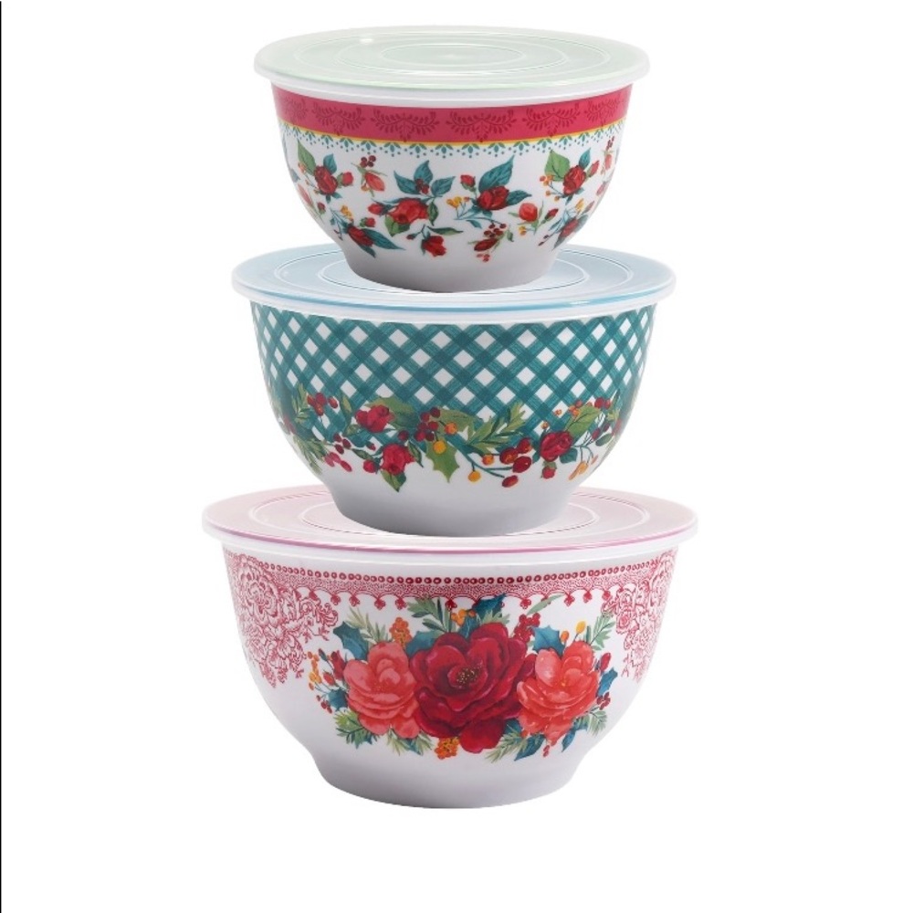 The Pioneer Woman Cheerful Rose Melamine Serving Bowl Set with Lids. NEW!